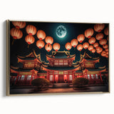 Framed canvas depicting a vintage-style Japanese landscape in black and gold tones, ideal for bedroom wall art.