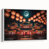 Vintage poster art of Kyoto scenery on extra large framed canvas, featuring colorful palette with dominant black.