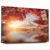 Large abstract wall art depicting an Asian scenery in muted earth tones on acrylic glass.