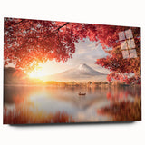 Large abstract wall art of Asian scenery in muted earth tones on acrylic glass, ideal for bedroom or dining room decor.