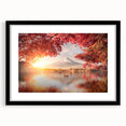 Colorful abstract art print of a textured Japanese scenery in vibrant hues on a large framed canvas.