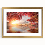 Extra large framed abstract art print depicting a textured Japanese scenery in muted gold and black.