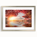 Textured abstract art print of a Japanese scenery in muted earth tones, framed in silver, ideal for bedroom art.