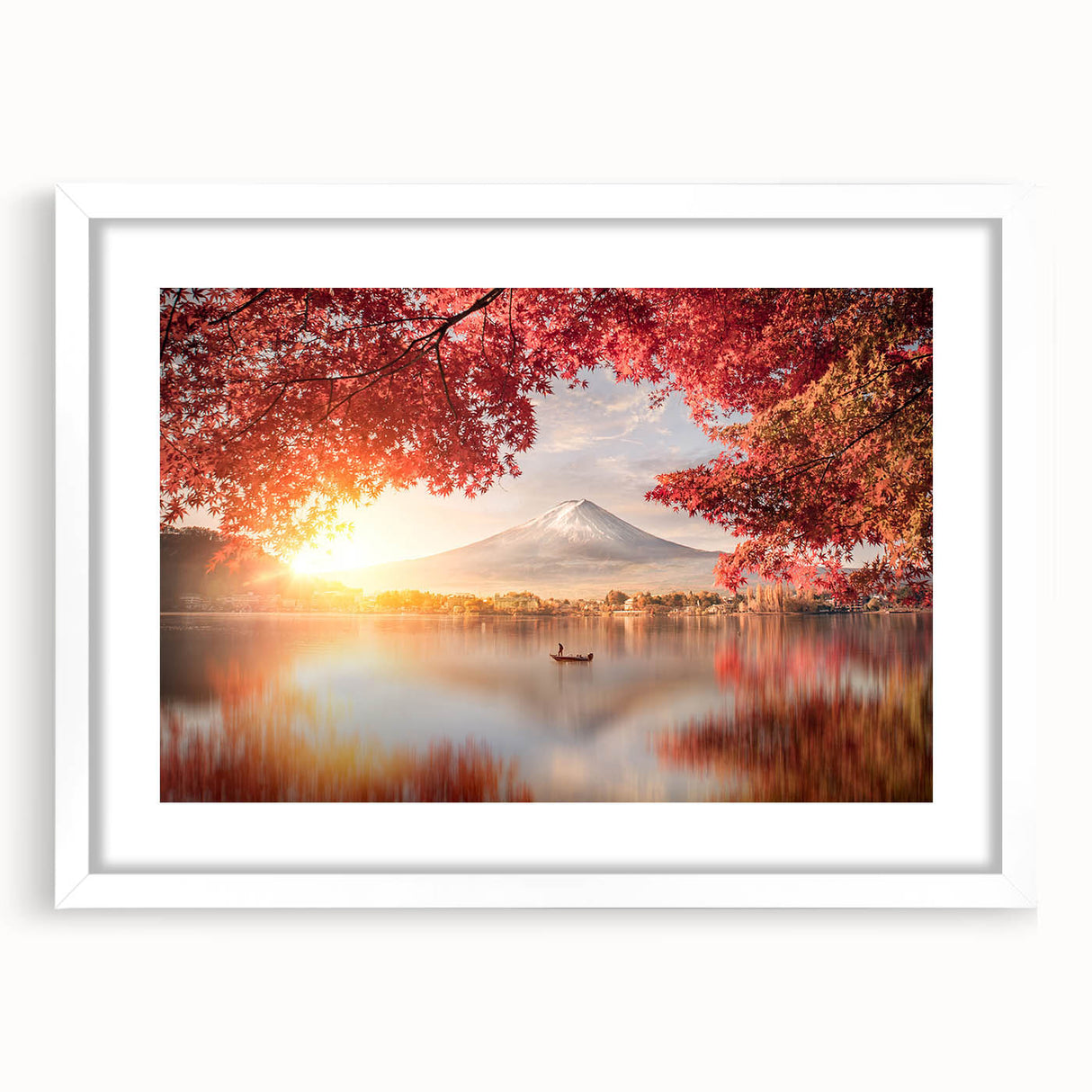 Abstract art print featuring a minimalist Japanese landscape in muted gray and pastel blue, framed with a white mat.