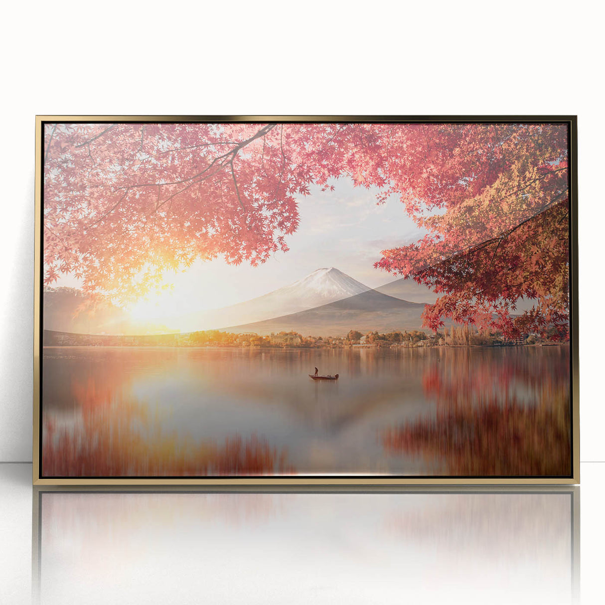 Mid-century modernist Japanese scenery in gold and green tones on a framed acrylic, ideal for modern art wall decor.