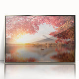 Mid-century modernist art featuring a serene Japanese landscape in muted greens and blues on a framed acrylic print.