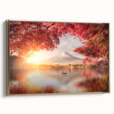 Framed canvas featuring a vintage-style Japanese landscape painting in muted gold and black tones, ideal for bedroom decor.