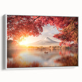 Vintage poster art of a Japanese scenery in vibrant colors on a framed canvas, ideal for living room decor.