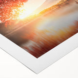 Art deco poster featuring a serene Japanese landscape in muted green and blue tones on rolled canvas.