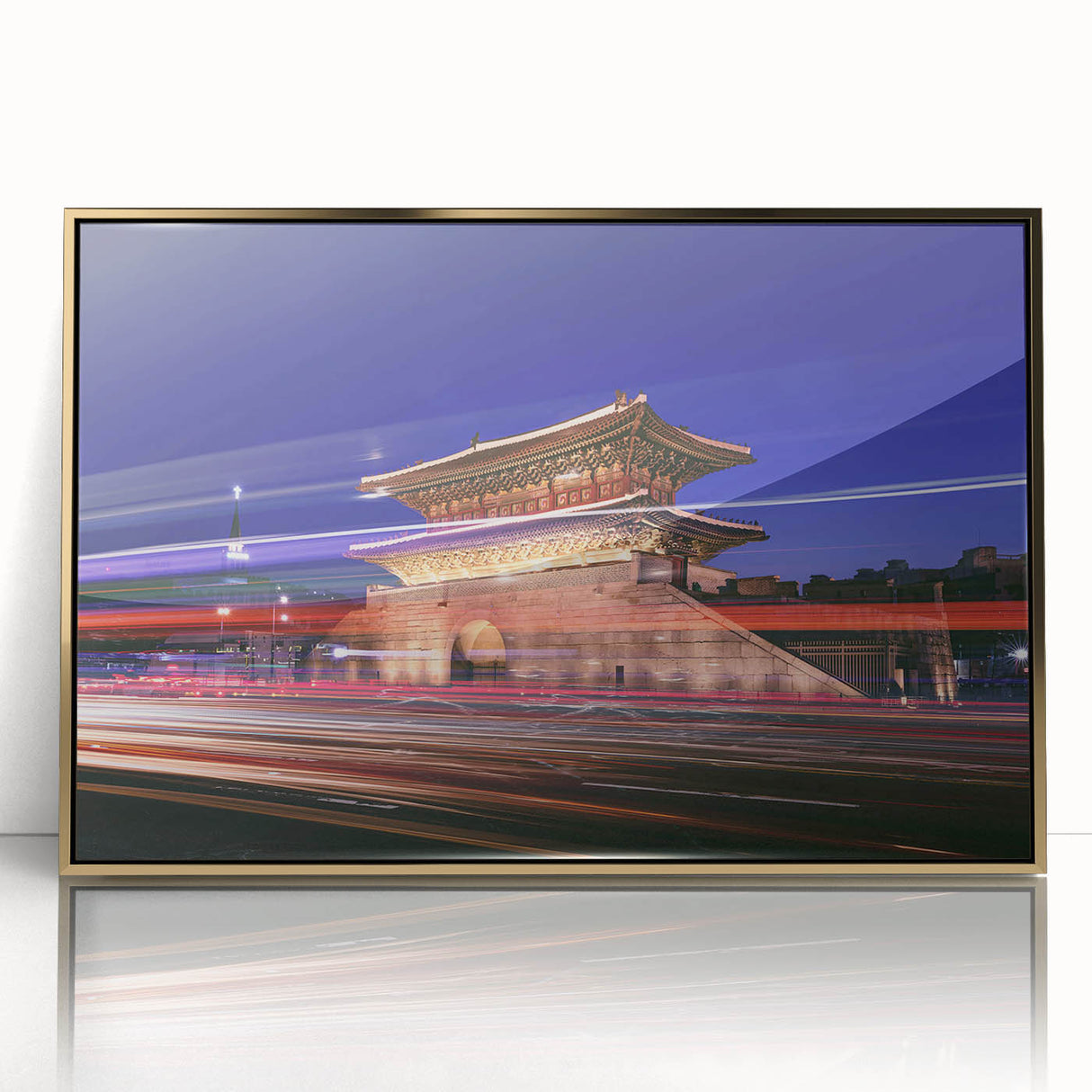 Large art print of a Korean landscape in acrylic, framed in gold, featuring mid-century modernist style.