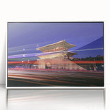 Art deco poster featuring a serene Korean landscape in muted green and blue tones, acrylic framed.