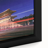 Framed canvas of a textured, colorful Korean landscape in black, ideal for extra large living room wall art.