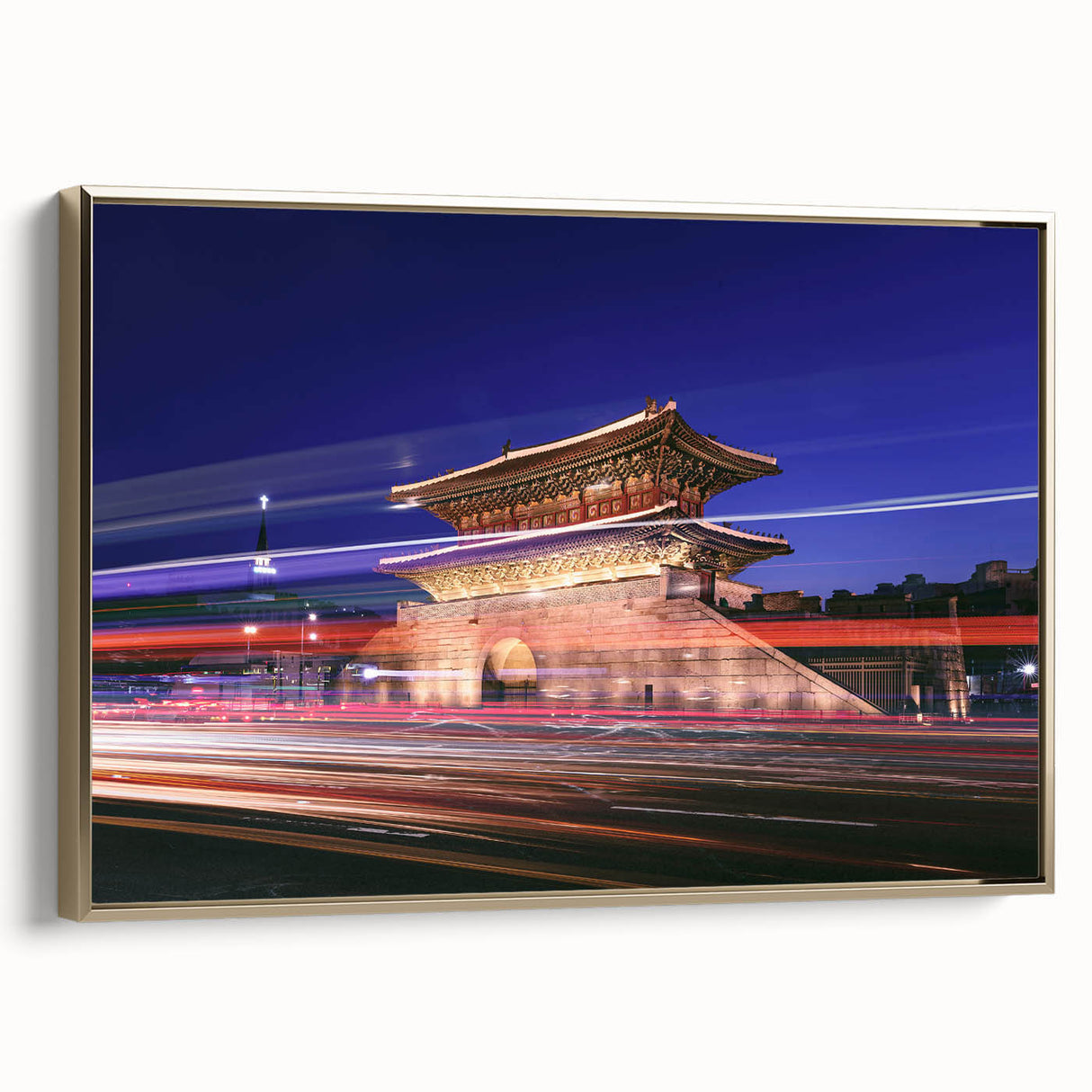 Framed canvas featuring a vintage-style Korean landscape painting in muted gold and black tones.