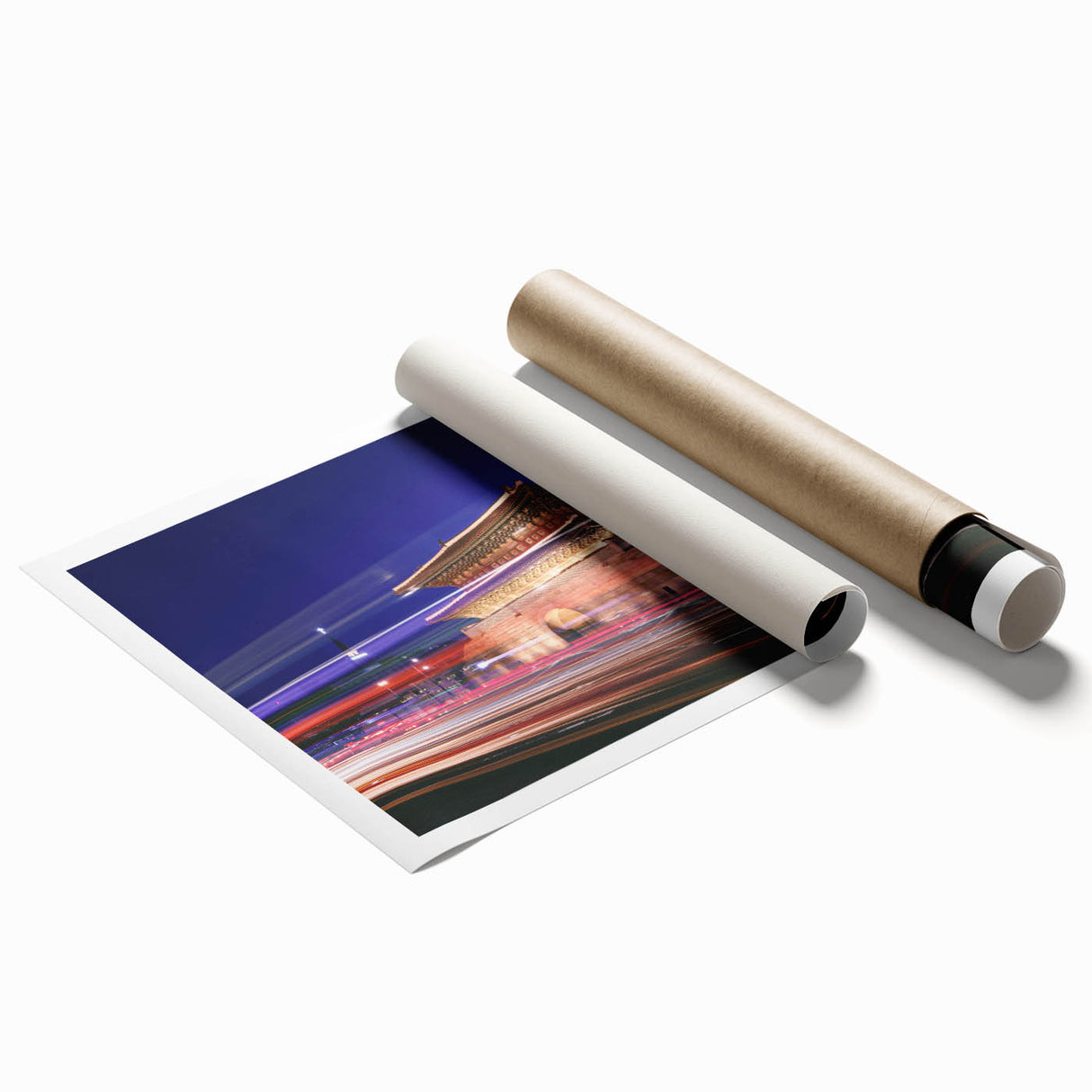 Extra large rolled print of a serene Korean landscape with soft floral elements, in muted green and blue tones.
