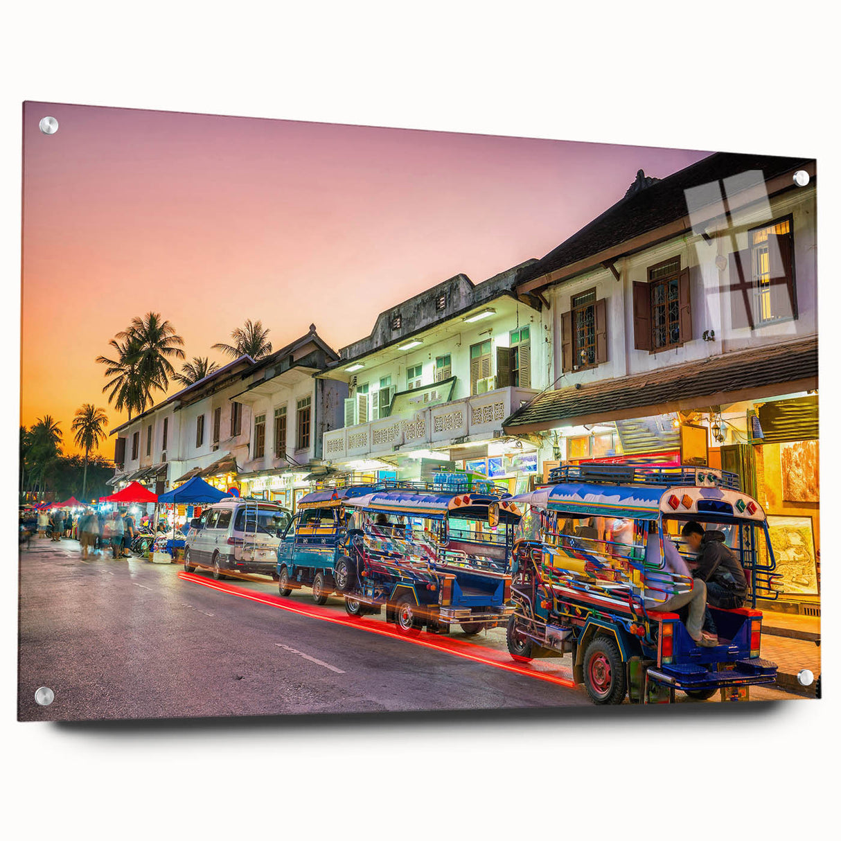 Large abstract wall art depicting Laos scenery in muted earth tones on acrylic glass.