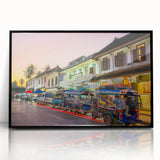 Large abstract wall art depicting a Laos scenery in muted earth tones, framed in black acrylic.