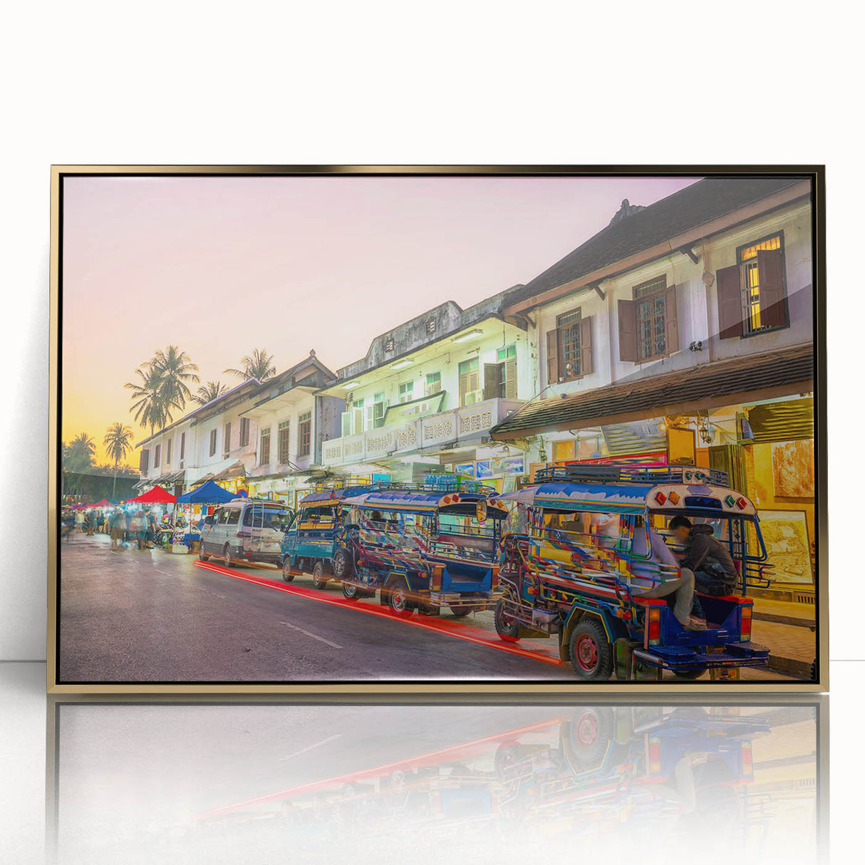 Large art print of a Laotian landscape on framed acrylic, featuring muted earth tones, ideal for modern art wall decor.