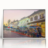 Acrylic print of a Laotian landscape in art deco style, with soft pastel colors, ideal for modern nursery wall art.