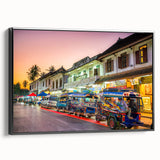 Black and white framed canvas of a Laos landscape, vintage poster style, ideal for bedroom ambiance.