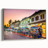 Framed canvas featuring a colorful Laos landscape with vintage poster art style, ideal for enhancing black wall decor.