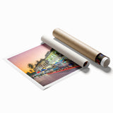 Extra-large rolled print of Laos scenery with lush florals in vibrant green and soft pink tones.