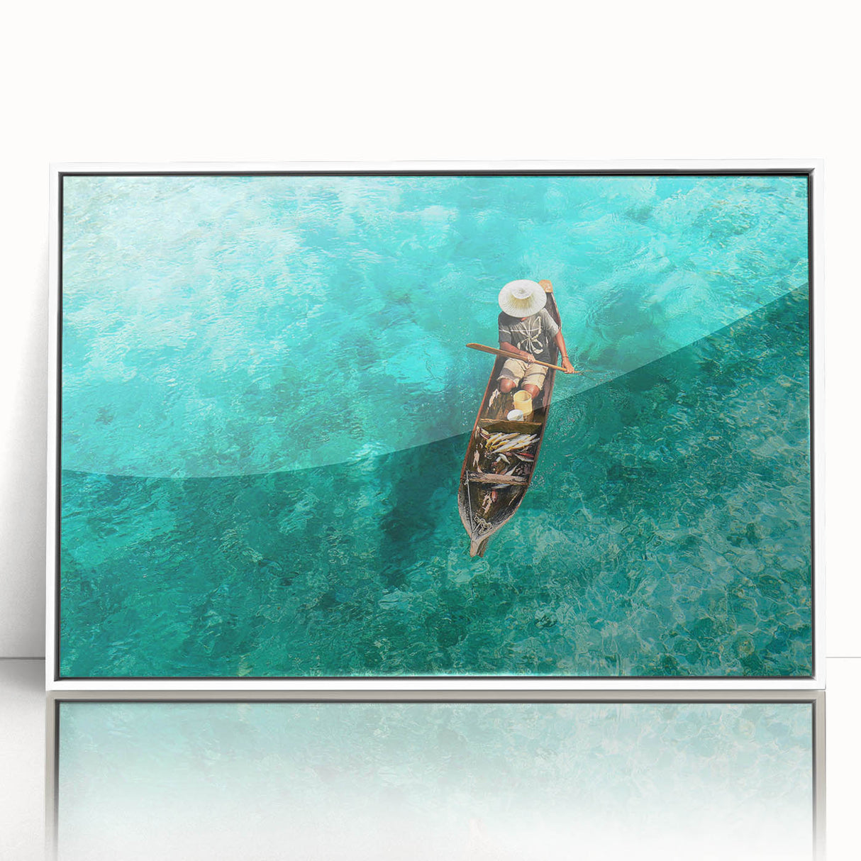 Art deco poster depicting a Malaysian landscape in muted green and blue tones, framed acrylic.