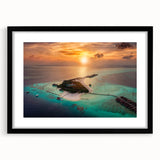 Extra large, textured abstract art print of colorful Maldivian scenery on a framed canvas, ideal for living room decor.