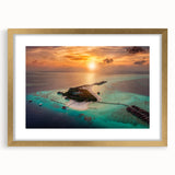 Extra large abstract art print of a Maldivian scenery in textured style with gold frame, ideal for living room decor.