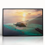 Large abstract wall art depicting a serene Maldivian landscape on a framed acrylic, using muted blue and green tones.