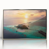 Mid-century modernist art depicting a serene Maldivian seascape in muted blue and silver hues, framed acrylic.