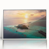 Acrylic print of a serene Maldives scenery in soft blue and white tones, framed in white, suitable for modern art wall decor.