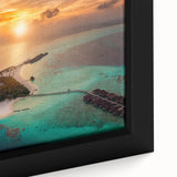 Extra large framed canvas featuring a textured, colorful Maldivian scenery, ideal for living room decor.