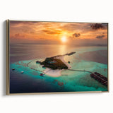 Framed canvas featuring a serene Maldivian landscape in muted blues and greens, ideal for bedroom wall art.
