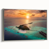 Framed canvas of a Maldivian landscape painting featuring vibrant blue and green tones.