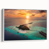 Vintage poster art of Maldivian scenery on a framed canvas, featuring vibrant colors, ideal for living room decor.