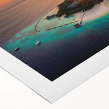 Art deco poster featuring a serene Maldivian landscape on rolled canvas, suitable for dining room ambiance.