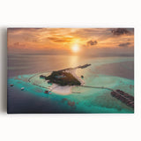 A black and white photograph of Maldives scenery on a large stretched canvas, suitable as kitchen art.