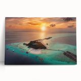 Black and white photo of Maldives scenery on stretched canvas, ideal for kitchen wall art or bedroom ambiance.