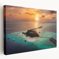 Large canvas print depicting a serene Maldivian beach scene with soft blue and white tones, suitable for kitchen wall art.