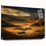 Large abstract wall art on acrylic glass depicting a scenic Mongolian landscape, ideal for bedroom or dining room decor.