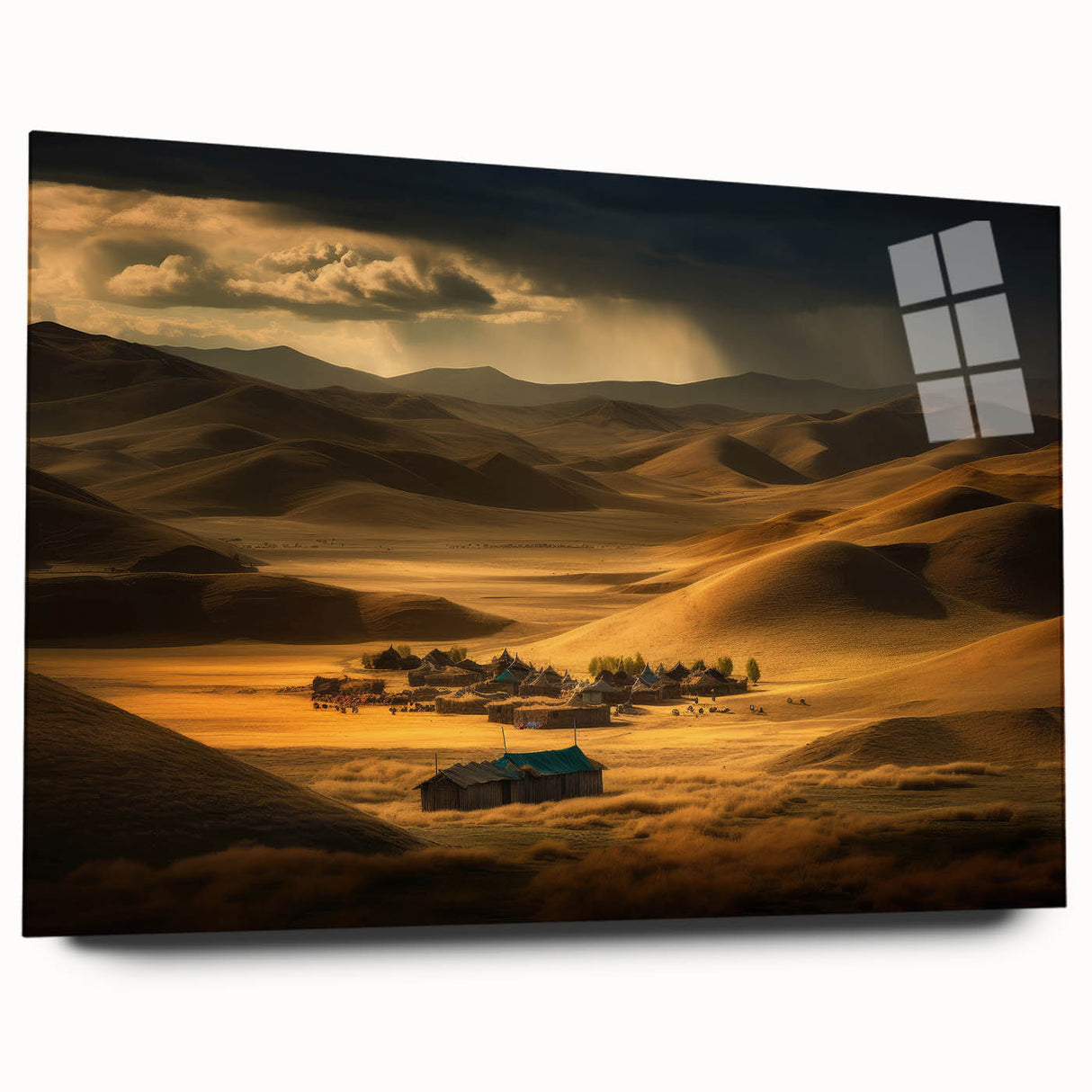 Large abstract wall art depicting a Mongolian landscape on acrylic glass, in muted earth tones.