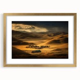 Extra large abstract art print of a textured Mongolian landscape in gold frame, ideal for living room decor.