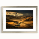 Textured abstract art print featuring a Mongolian landscape in muted earth tones, framed in silver, ideal for bedroom art.