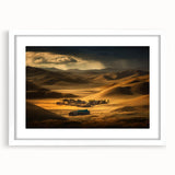 Abstract art print of a Mongolian landscape in muted earth tones on a framed white mat.