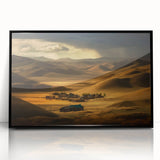 Large abstract wall art depicting a Mongolian landscape, using mid-century modernist style in muted earth tones.