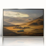 Mid-century modernist art depicting a Mongolian landscape in muted earth tones on a framed acrylic print.