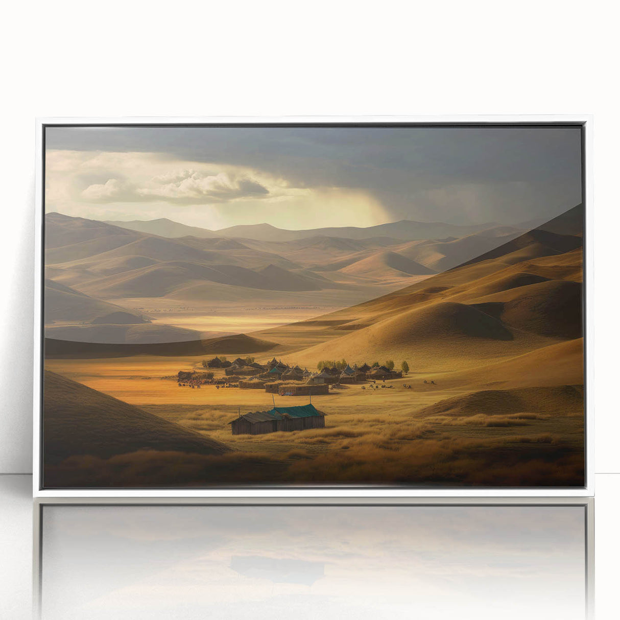 Acrylic print of a serene Mongolian landscape in muted earth tones, framed in white, ideal for modern art wall decor.
