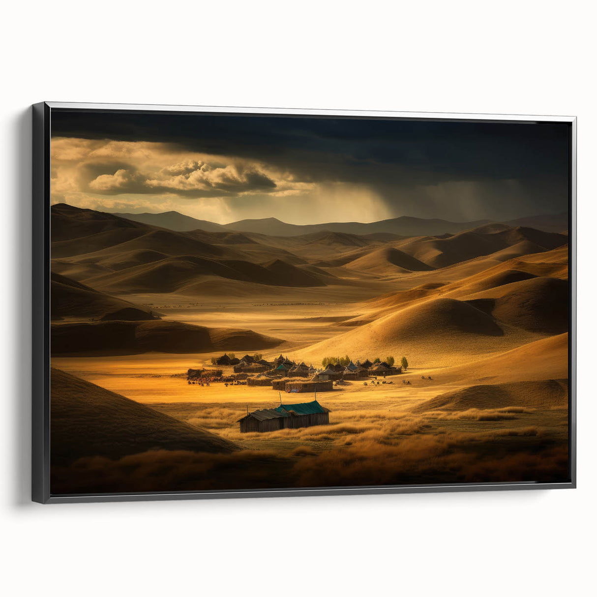 Black and white framed canvas of a Mongolian landscape, ideal for bedroom wall art.