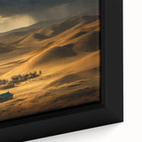 Extra large framed canvas of a textured Mongolian landscape in black with colorful elements, ideal for living room decor.