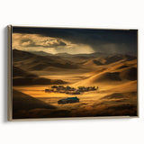 Framed canvas landscape art depicting the Mongolian countryside in muted gold and black tones.